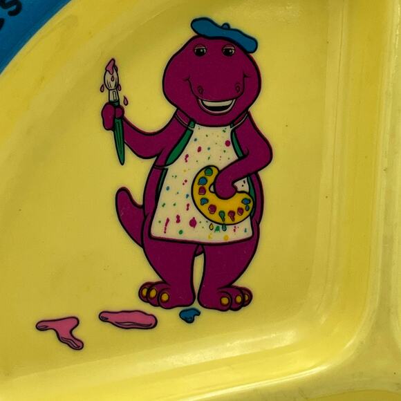 VTG 90s Barney Purple Dinosaur Loves to Paint 9" Divided Kids Plate Melamine - Picture 3 of 8